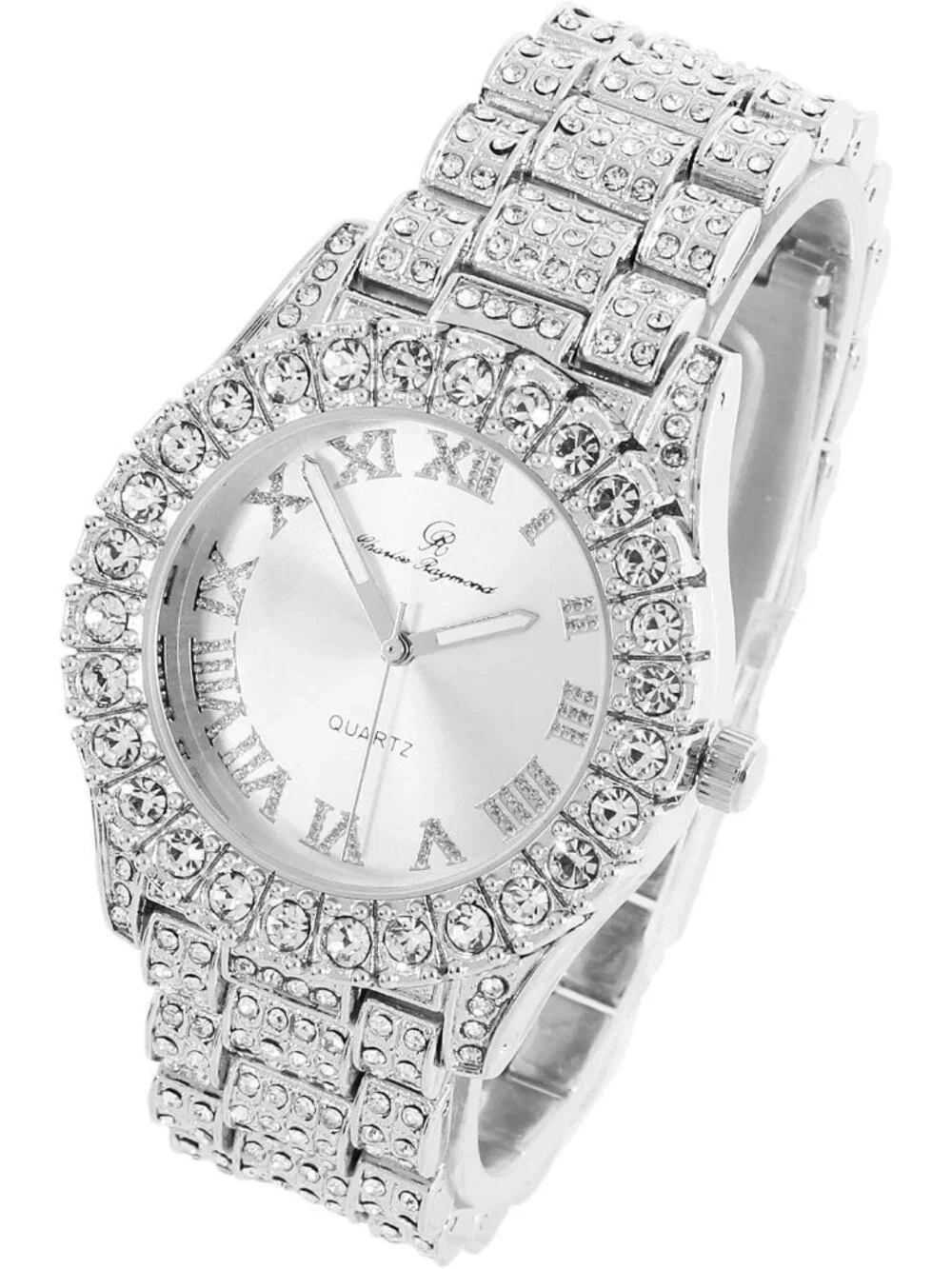 Women's Silver Big Rocks Bezel Colored Dial with Roman Numerals Wrist Watch